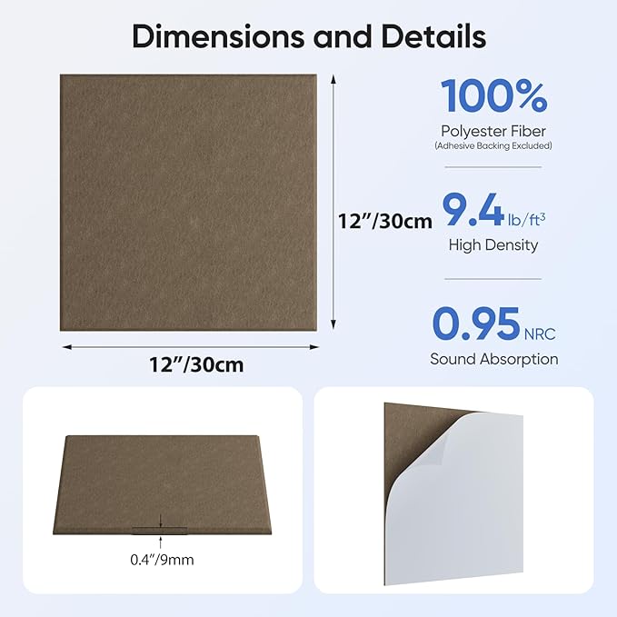UNECHO 12 Pack 12" X 12" X 0.4" Acoustic Panels for Wall Sound Absorbing, Square Self-Adhesive Sound Panel, High Density Suitable for Multiple Scenarios(Coffee Brown)