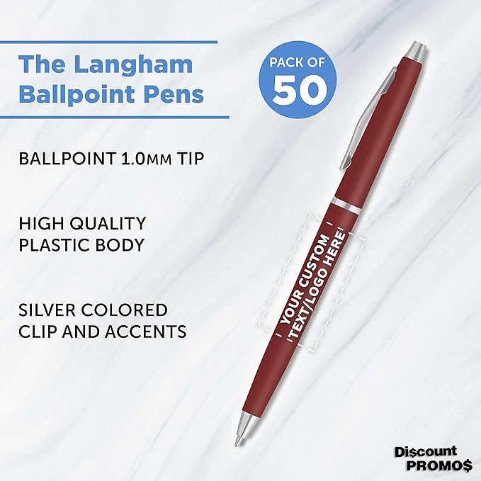 DISCOUNT PROMOS Custom Langham Ballpoint Pens Set of 50, Personalized Bulk Pack - Black Ink, Great for Office, School, Business, Tradeshows - Burgundy