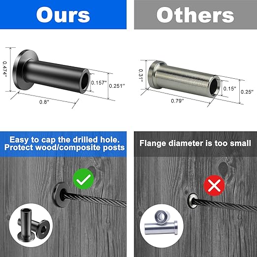 BLIKA 40 Pack Black Stainless Steel Protector Sleeves for 1/8" Deck Cable Railing, for Wood/Composite Posts, T316 Marine Grade, Black Cable Railing Protector Sleeves