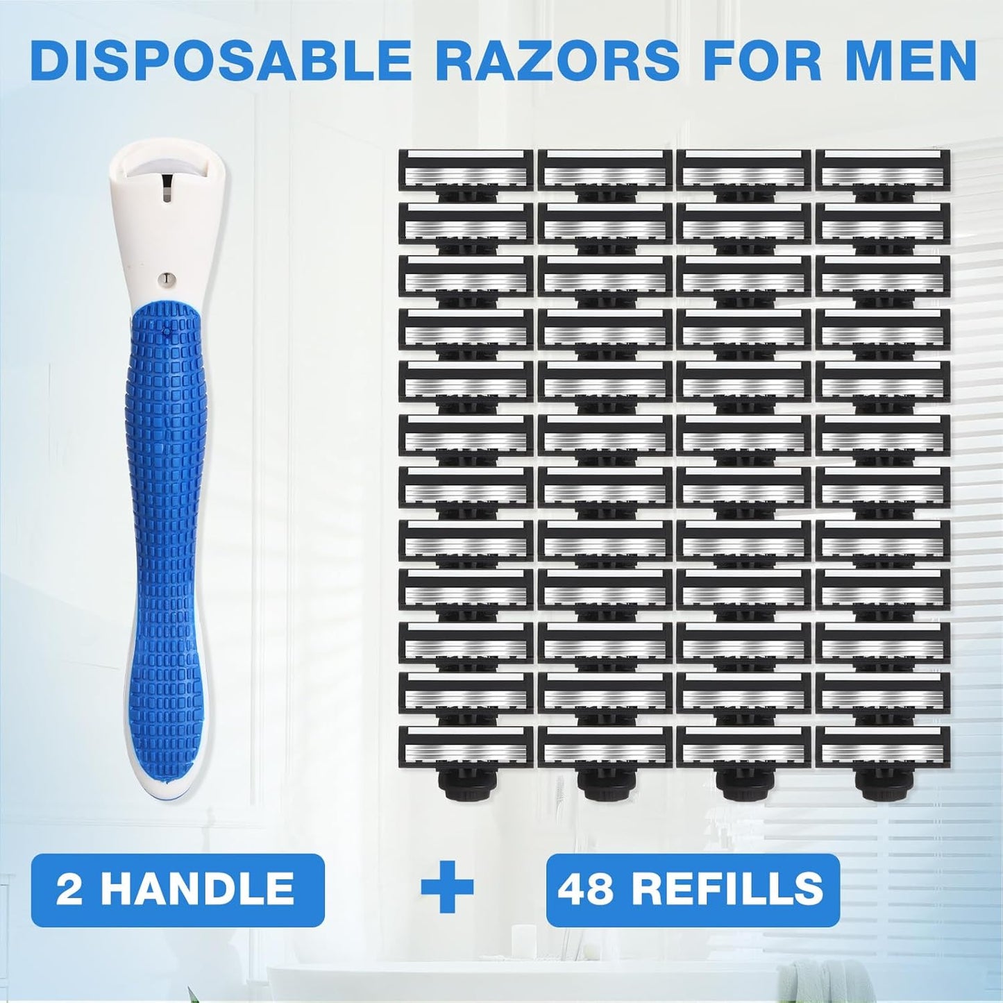 50 Pcs Refillable Three Blade Disposable Razors for Men Set Sensitive Skin Razor Travel Shave Set Shaving Gift Set, 2 Handle & 48 Cartridges