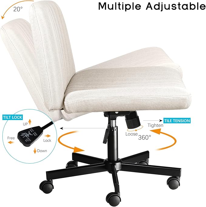 PUKAMI Criss Cross Chair with Wheels,Fabric Padded Armless Cross Legged Office Desk Chair for Home Office,Modern Swivel Height Adjustable Wide Seat(Beige)