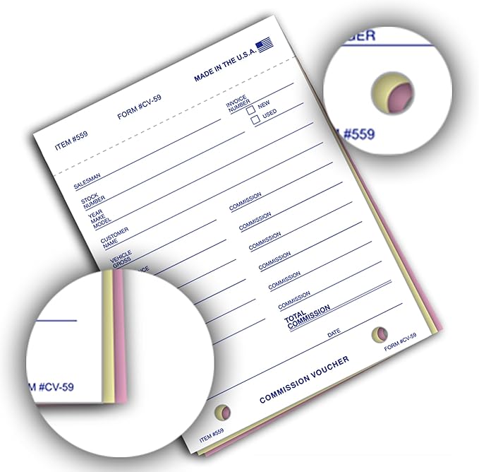 Commission Voucher Book CV-59-3 Part Carbonless Forms, Triplicate NCR Receipt Book, Snap-Out Pre-Punched with File Holes Commission Vouchers, Blue Ink, 4.25 x 5.625 Inch - Pack of 300