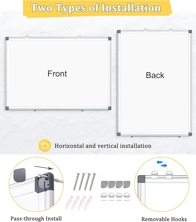 AMUSIGHT Double-Sided Magnetic Whiteboard, 36" x 24" Dry Erase Board, Aluminum Frame White Board for Wall, Hanging Mounting White Board Dry Erase Marker Board with 4 Markers, 1 Pen Tray