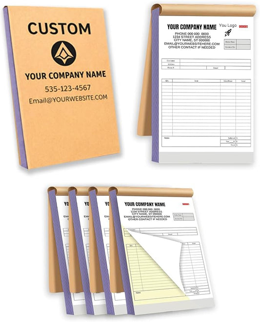 Custom Carbonless Invoice Book with Logo, Personalized Cover & Inner Pages, 2 Part NCR Receipt & Work Order Forms, Easy Tear, Writing Shield for Small Business (2-Part [White/Yellow], 11.8x8.3INCH)