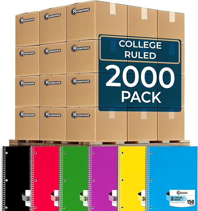 Rosmonde 2000 Packs (Pallet) 3 Subject Notebooks, Spiral Notebook Bulk, College Ruled, Pallet of Notebooks,150 Sheets (300 pages),8 x 10-1/2",Bulk Spiral Notebooks for School & Office,4-7 Days Transit