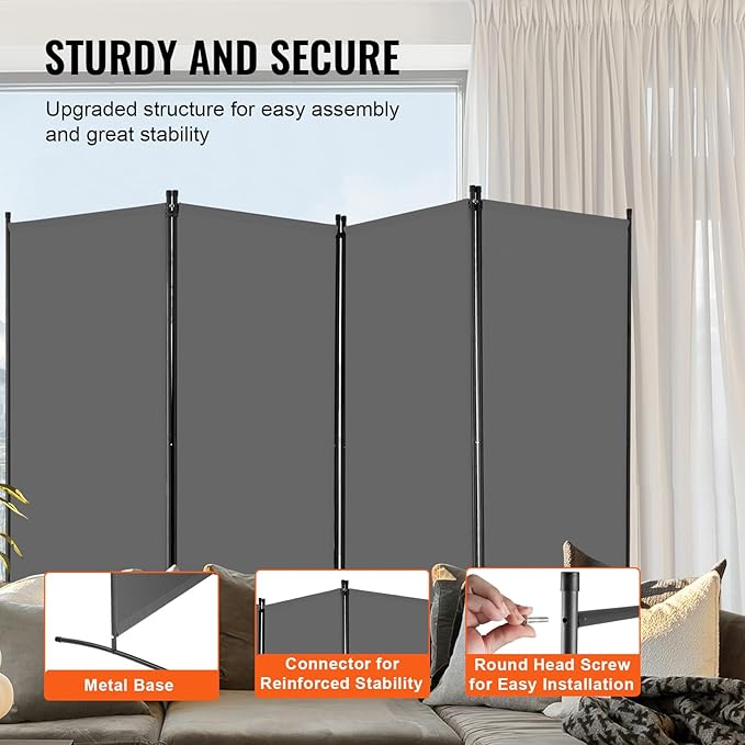 VEVOR Room Divider, 4 Panel Room Divider, Folding Privacy Screen and Portable Partition Divider for Room Separation, Freestanding Room Partitions for Office, Bedroom, Study, Grey