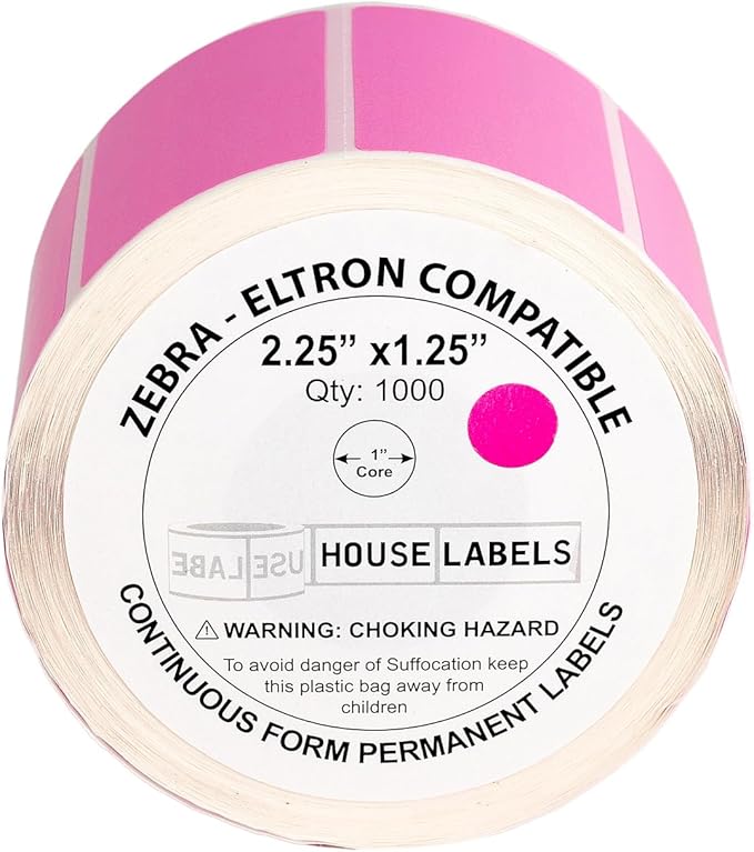 HOUSELABELS 2.25" x 1.25" Pink Address Labels on 1" Core Compatible with Zebra and Rollo Printers, 34 Rolls / 1,000 Labels per Roll