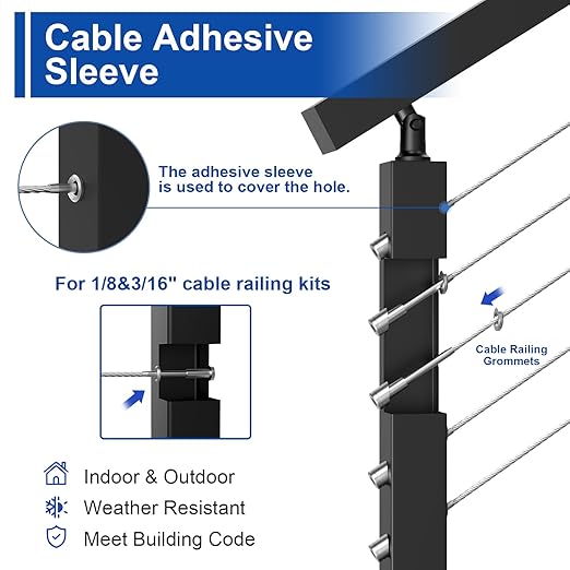 BLIKA 100Pack Cable Railing Adhesive Sleeves for 1/8" 5/32" 3/16" Wire Rope Cable, T316 Stainless Steel, 2.8mm Thickness Cable Railing Protector Adhesive Sleeves for Deck Stair Cable Railing Post Kits