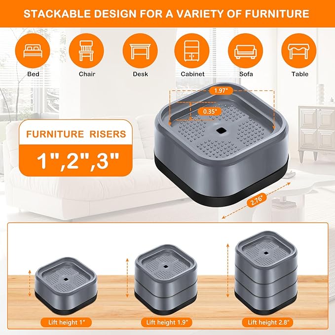 shouwuhho 24 Pack Furniture Risers Adjustable Bed Risers Heavy Duty Lifts Height 1", Square Stackable Bed Risers 1, 2 or 3 Inch for Desk Leg Table Couch Sofa Chair Bed Frame Legs Dorm, Gray