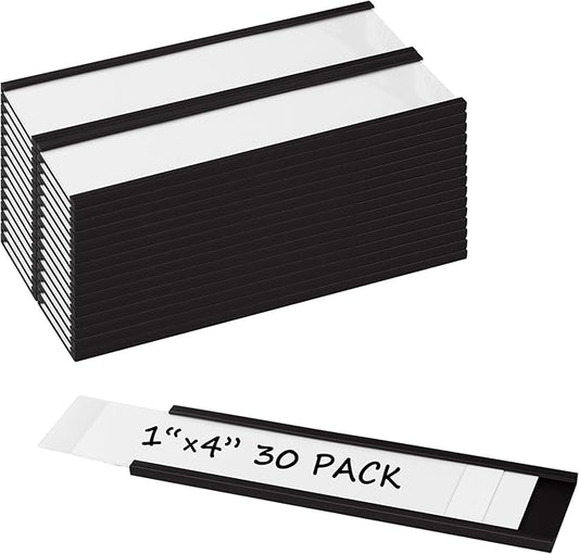 Realth C Channel Magentic Label Holders 30 Pack 1'' x 4'' with Paper Inserts and Clear Plastic Protectors, Magnetic Data Card Holders File Cabinet Labels for Metal Racks and Shelves