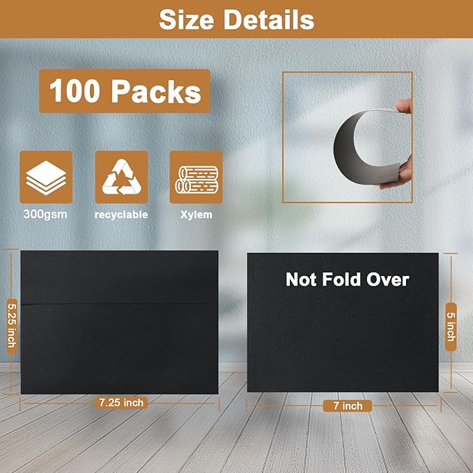 Silunkia 100 Packs Black Blank Flat Cards and Envelopes 5 x 7 Heavyweight Single Panel Cardstock and A7 Envelopes Self Seal for DIY Wedding Invitations, Party, Thank You Cards, Mailing