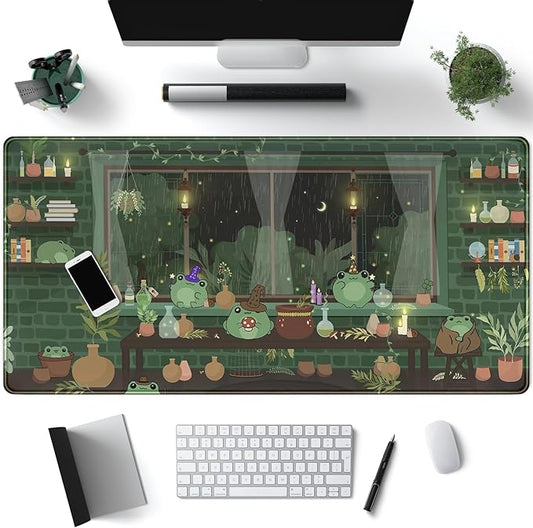 Mechanical Cattle Cute Desk Mat Kawaii Frog Mouse Pad Green Desk Anime Mat Large Gaming Mouse Pad Desk Computer Keyboard Pad Desk Home Office Accessories Girl Stitched Eges (31.5x15.7 in) WER236