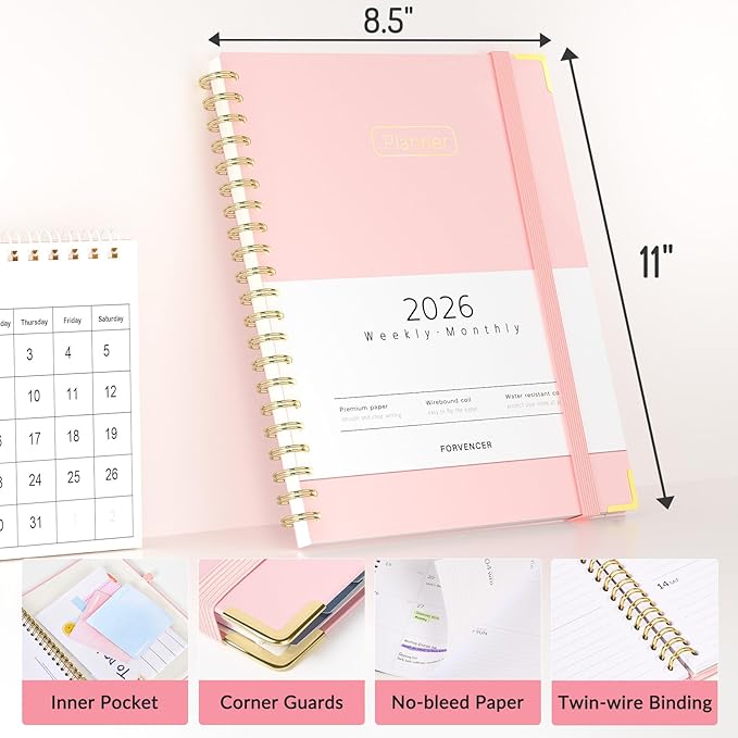 Forvencer 2026 Planner, Hardcover Calendar Planner Weekly and Monthly, Jan 2026 - Dec 2026, 8.5" x 11", Spiral Agenda Book with Tabs, Exquisite Daily Journal Organizer for Home School, Teal Marble