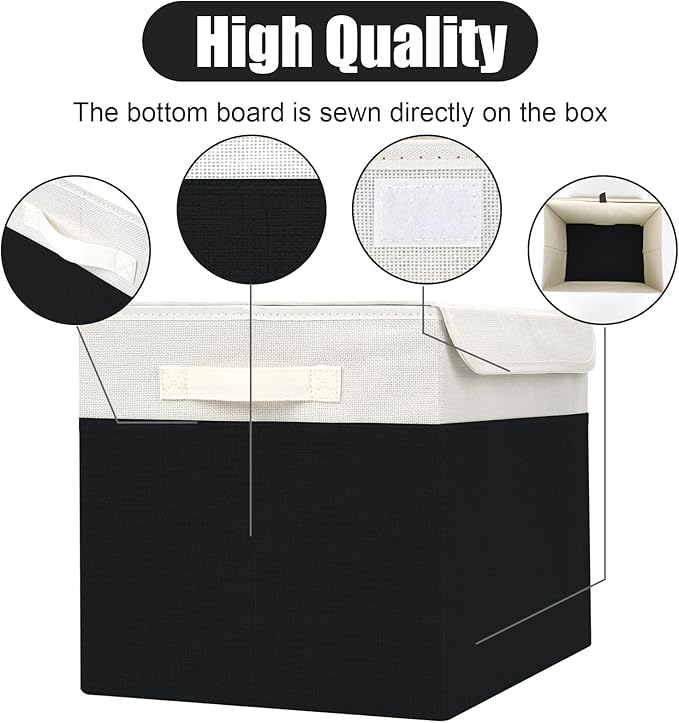 Large 17" 42 Quarts Collapsible Stackable Storage Bins with Lids [3-Pack] Foldable Fabric Linen Storage Boxes Cube, Closet Organizer Baskets with Label for Home (16.7 x 12 x 12", Black & White)