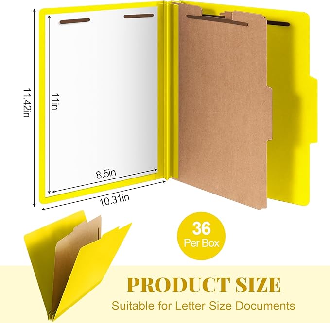 Skyygemm 36 Pcs Classification Folders Letter Size, 1 Divider Pressboard File Folder with Fasteners, Expanding File Organizer Bulk for School Teachers, Office Employee, Coworker, Staff (Yellow)