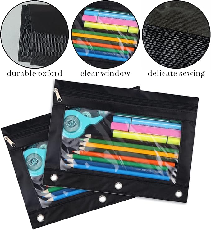 YoeeJob Pencil Pouch for 3 Ring Binder, Binder Pouches with Zipper Bulk, Pen Holder Case with Clear Window School Class Office Organizers, 24 Pack, Black