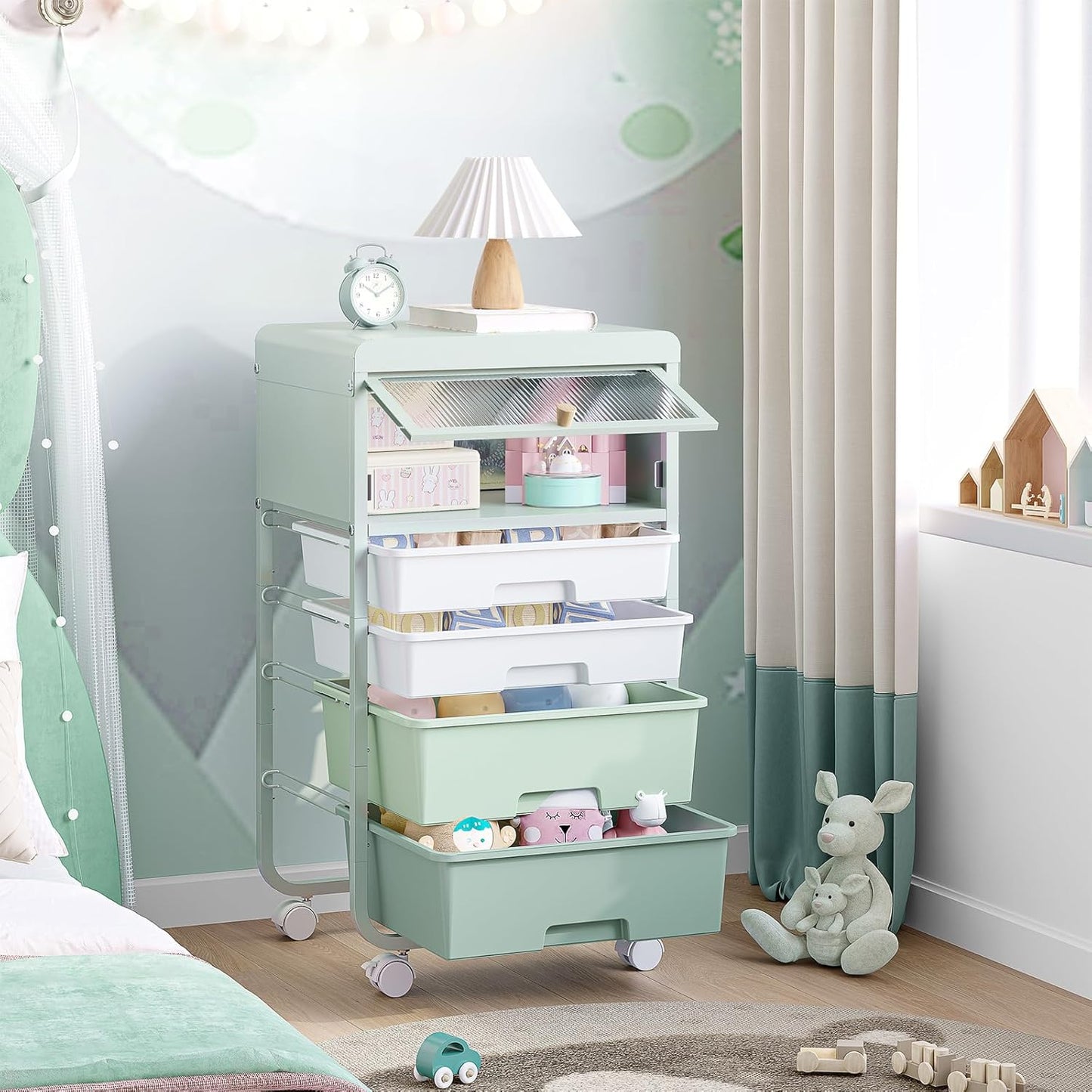 Utility-Rolling-Storage-Drawer-Craft-Cart-Organizers with 4 Drawers & Dust-proof Door for Kid Craft Art Room,Bedroom,Home Office, 4 Tiers Drawer cart, Green