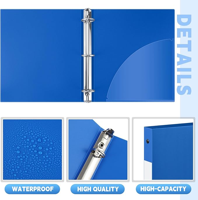 Henoyso 16 Pcs 3 Ring Binder 0.5 Inch Round Fits Letter Size 8.5'' x 11'' Paper Plastic Flexible Binder Bulk Holds 140 Sheets with 1 Pockets Versatile Organizer for Home Office School (Blue)