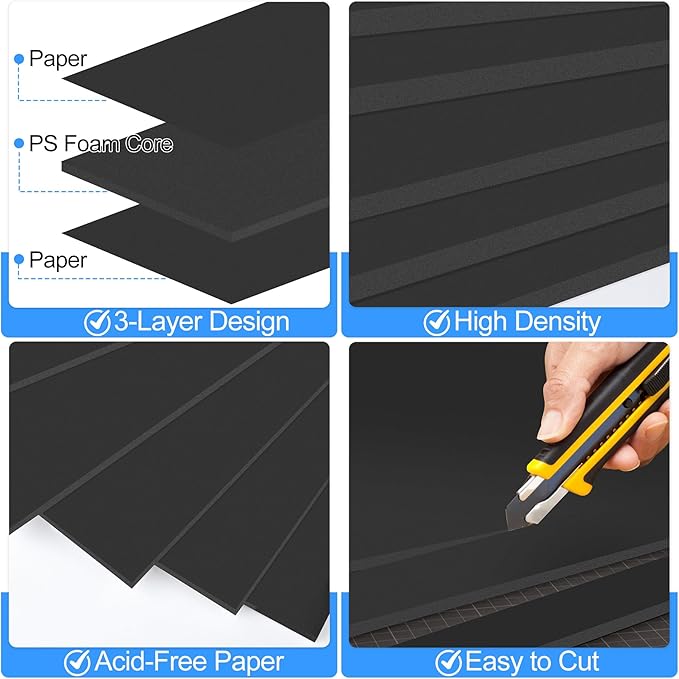 ToLanbbt 12 Pack Black Foam Board, 16 x 20 x 3/16" Thick Foam Core Acid Free Poster Foamboard for Art Craft Projects, Painting, Displaying, Signage, Wedding, School