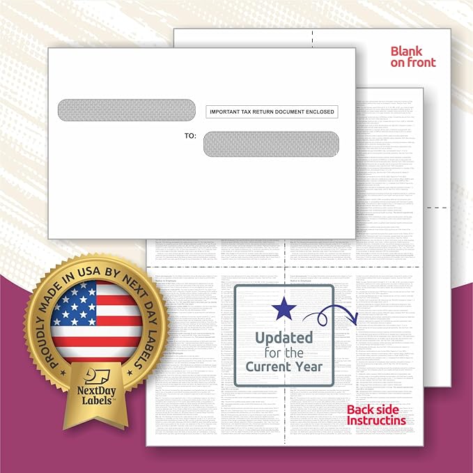 NextDayLabels - W-2 4-Up Employee Tax Forms, Instructions on Back" for 2025, for Laser/Inkjet Printer. Compatible with QuickBooks and Accounting Software (Pack of 100 Sheets & Self Seal Envelopes)
