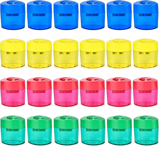 AUSTARK 24Pcs Pencil Sharpener Manual, Assorted Color Small Dual Hole Pencil Sharpeners Bulk with Lid for School Office Home (Oval-24)