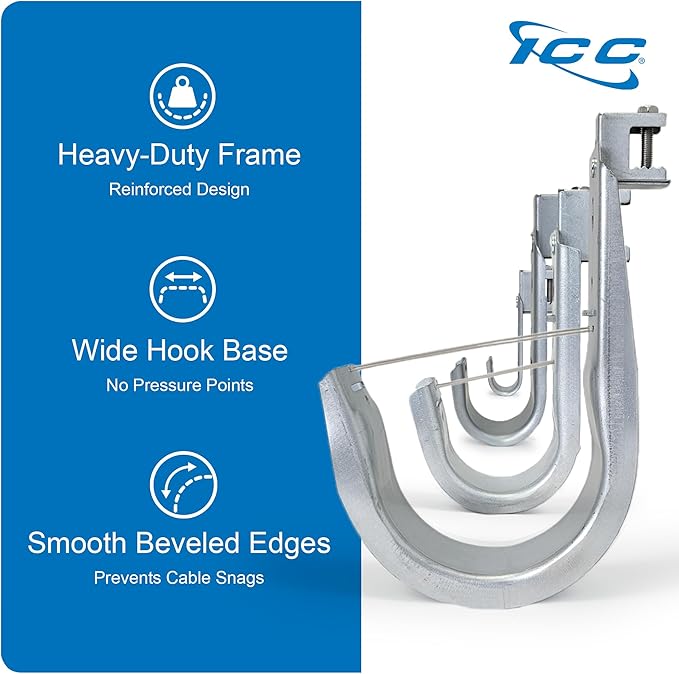 ICC Beam Clamp J Hook 2” with Retainer Clip - Galvanized Steel Cable Management Hooks for Hanging Cable to Beams - Rust-Resistant, EIA and TIA Compliant - 2 Inch 25 Pack