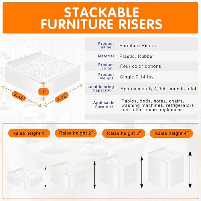 shouwuhho Furniture Risers, 4 Pack Bed Risers with Non-Slip Grip and Heavy Duty Support, 1 Inch 2 Inch 3 Inch 4 Inch Height Lift for Couch, Sofa, Table, Desk, Chair, Refrigerator - White, 1+1+1 Inch