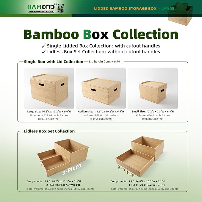 BAMOTTO Lidded Bamboo Storage Bins & Box/Cube/Basket, Home Kitchen and Office Storage Boxes with Handles & Stackable for Organizer Tableware, Crafts, Office Shelf Books, Large, 14.6”x10.2”x9.6”