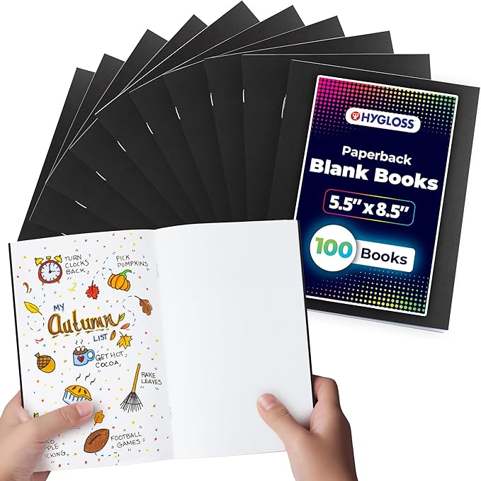 Hygloss Blank Books - Bulk 100 Pack – 5.5" x 8.5" A5 Black Paperback Blank Books for Kids to Write Stories, Doodle, Arts & Crafts – Plain Drawing Sketchbook, Unlined Journal, Notebook Without Lines