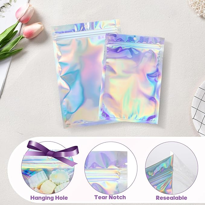 5.5x7.8 inch Holographic Packaging Bags, Resealable Foil Pouch Mylar Sample Bag Great for Small Business and Party Favor Food Storage（50 Pcs-5.5x7.8 in）Holographic Color