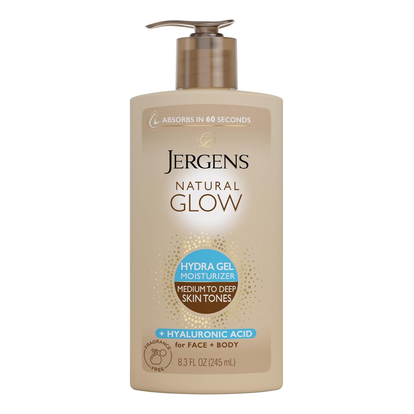 Jergens Natural Glow Hydra Gel Moisturizer, Gradual Tanning Lotion with Hyaluronic Acid, Hydrating Tanning Gel, Fragrance-Free Self Tanner, Medium to Deep Skin Tones 8.3 Fl Oz