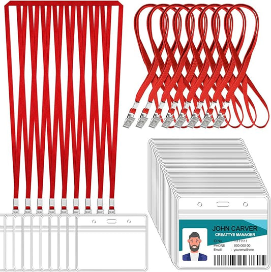 100 Pcs Clear Horizontal Badge Id Card and 100 Pcs Lanyard, Reusable Lanyards for Id Badge Holder Name Tag Badge Holder with Lanyards for Adults Kids Business School Conferences (Red)