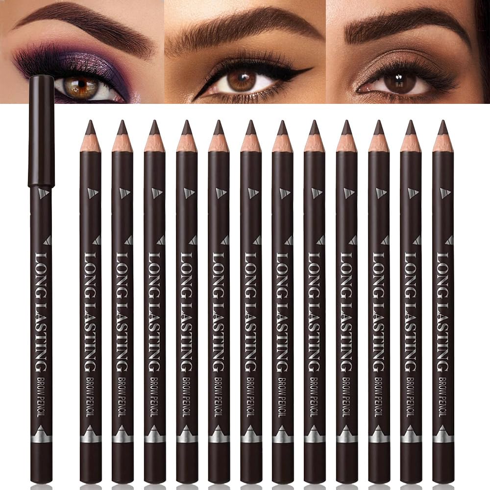 12Pcs Eyebrow Pencils for Women, Wooden Hard-Core Dark Brown Eyebrow and Eyeliner Pencil, Long Lasting Waterproof and Sweat-Proof,Beginner Makeup Brow Pencil,Create a Natural Eye Brow Makeup