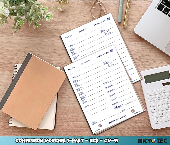 Commission Voucher Book CV-59-3 Part Carbonless Forms, Triplicate NCR Receipt Book, Snap-Out Pre-Punched with File Holes Commission Vouchers, Blue Ink, 4.25 x 5.625 Inch - Pack of 400