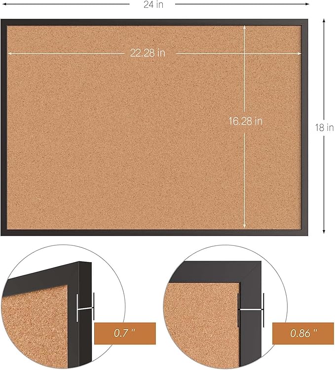 Board2by 2-Pack Cork Board Bulletin Board 18“ x 24”, Black Wood Framed Corkboard, Office Board for Wall Cork, Large Wall Mounted Notice Pin Board with 32 Push Pins for School, Home & Office