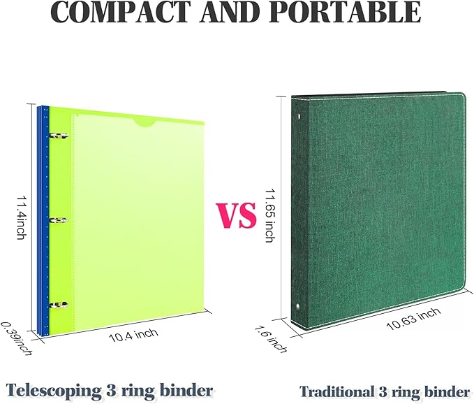 INFUN Telescoping 3 Ring Binder - 12 PCS, Flexible Round Binder with Customizable Front Cover and Clear Catalog Pocket, Holds 8.5x11 inch Paper- Green, Red, Orange, Blue