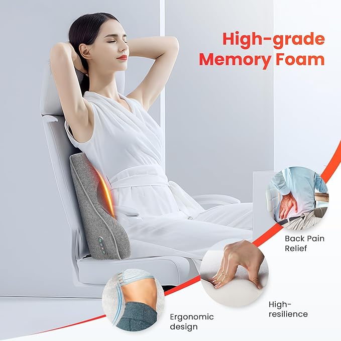 COMFIER Back Lumbar Support Pillow for Office,Car,Heated Back Support with 4 Shiatsu Massage Heads & Heating Function, Memory Foam Lumbar Pillow for Computer Gaming Chair-Gray