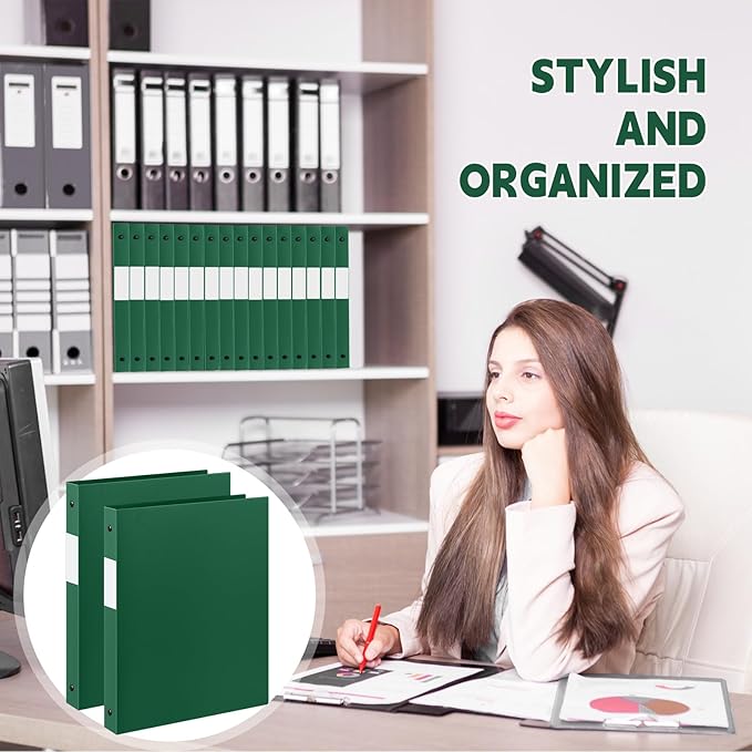 Henoyso 36 Pcs 3 Ring Binder 0.5 Inch Round Fits Letter Size 8.5'' x 11'' Paper Plastic Flexible Binder Bulk Holds 140 Sheets with 1 Pockets Versatile Organizer for Home Office School (Dark Green)