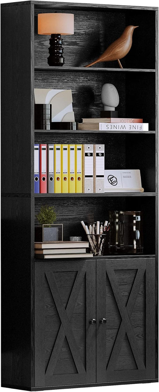IRONCK Industrial Bookshelves and Bookcases with Doors Floor Standing 6 Shelf Display Storage Shelves 70 in Tall Bookcase for Home Office, Living Room