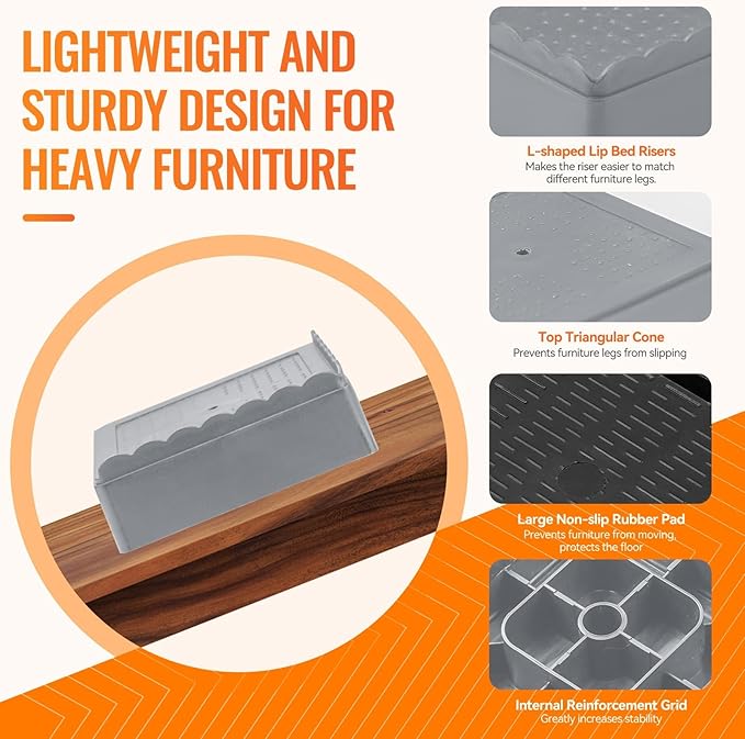 shouwuhho Furniture Risers, 4 Pack Bed Risers with Non-Slip Grip and Heavy Duty Support, 1 Inch 2 Inch 3 Inch 4 Inch Height Lift for Couch, Sofa, Table, Desk, Chair, Refrigerator - Gray, 1+1 Inch
