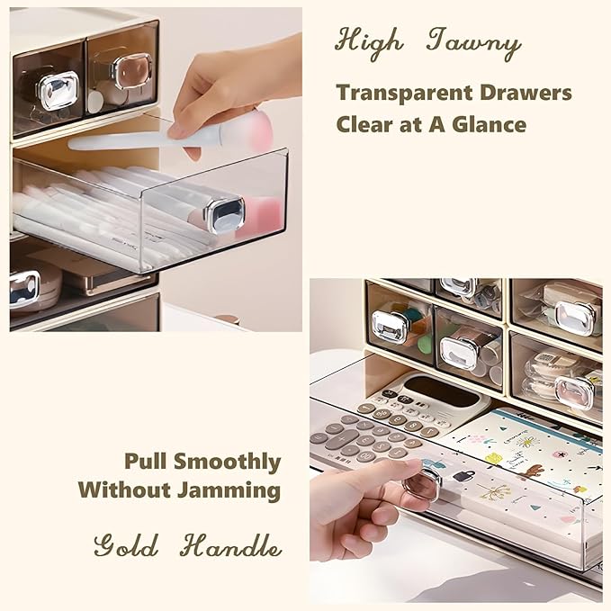OSteed Spacious Desktop Storage Box, 1 Large 1 Middle & 2 Small Storage Drawers, Stackable Office Desk Drawer Organizer and Accessories, Printer Paper Organizer, Cream Plastic Drawers for Workspace