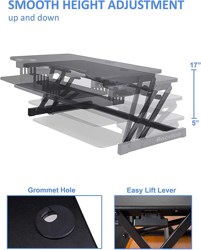 Rocelco 37.5" Deluxe Height Adjustable Standing Desk Converter with Anti Fatigue Mat BUNDLE - Quick Sit Stand Up Computer Workstation Riser - Large Retractable Keyboard Tray - Black (R DADRB-MAFM)
