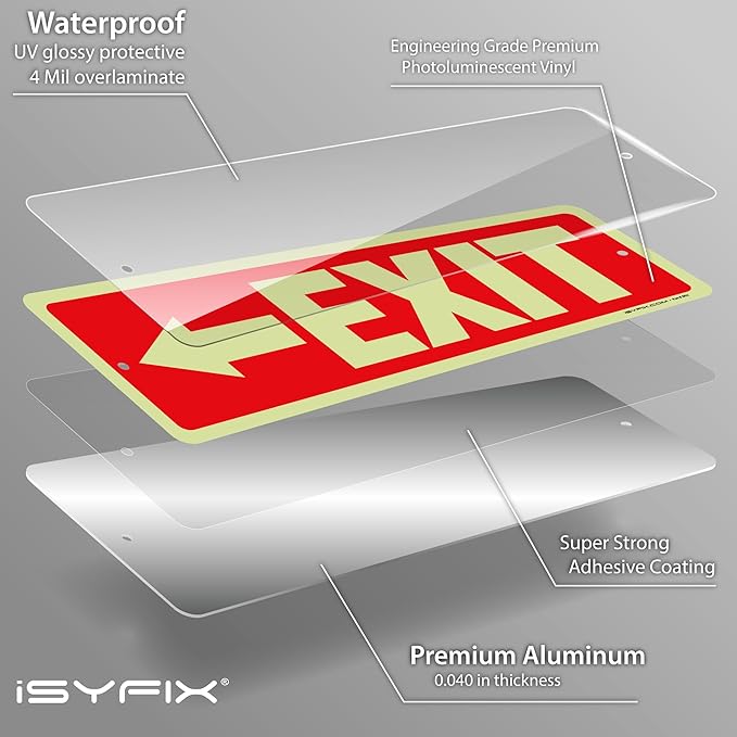 iSYFIX Exit Signs with Directional Left Arrow, Glow in the Dark, Photoluminescent Aluminum 12x4 Inch - 6 Pack, Laminated for UV & Weather Resistance, Ideal for Offices, Schools, Theaters & More