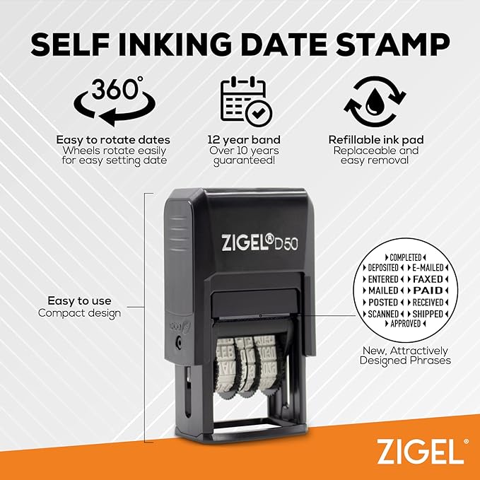ZIGEL D50 Date Stamp with Phrase - Self Inking Date Stamp - Black (Blue/Red, Approved)