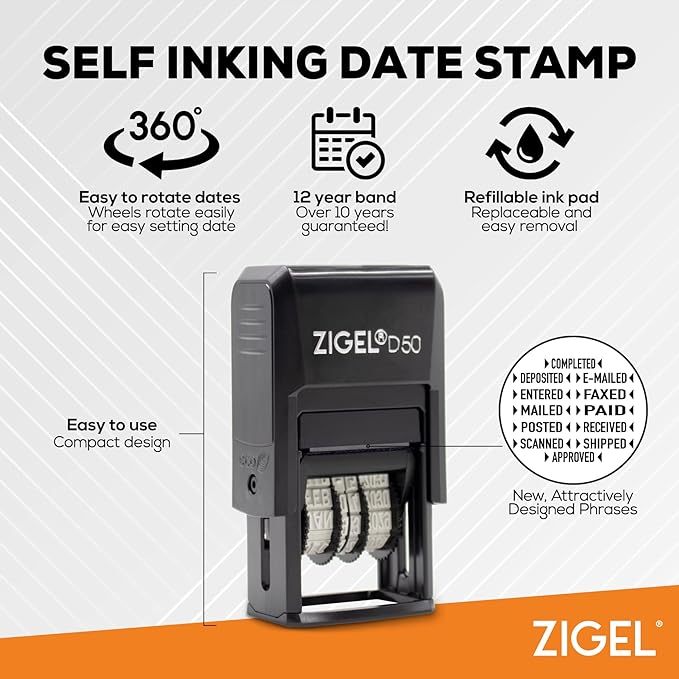 ZIGEL D50 Date Stamp with Shipped - Self Inking Date Stamp - Black