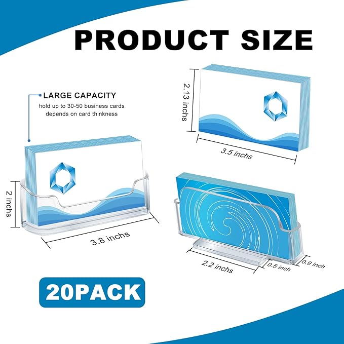 Mototo Acrylic Business Card Holder for Desk, 20 Pack Plastic Business Card Display Clear Business Card Holder Desktop Cards Stand for Home Office Exhibition Desk Table, Fits 30-50 Business Cards