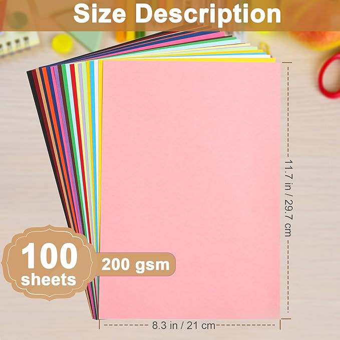 Silunkia 100 Sheets Colors Cardstock Craft Paper, 20 Assorted Colors 75lb Art Projects Card Stock A4 Colored Paper for DIY Cards, Birthday Decorations, School, Party