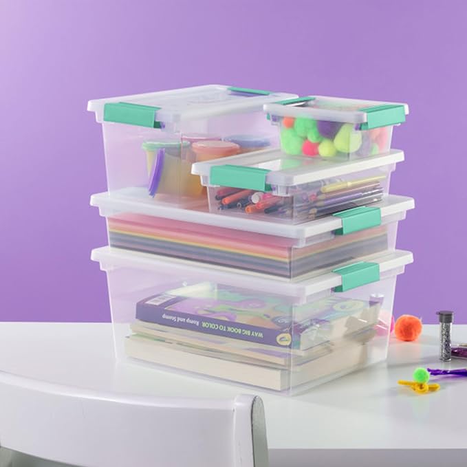 Sterilite 8-Pack Clip Box, Stackable Clear Plastic Bins with Latching Lids, Deep - Writing, Arts or Crafts Supplies Storage Containers for Home, Office, Classroom and Workshop Organization