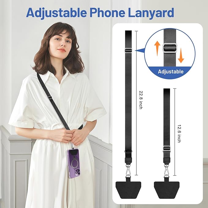 Doormoon Phone Strap Crossbody, Wrist Straps with Patch Cases Cell Phone Lanyards for Women Drop Protection Compatible with iPhone, Samsung, Google & Most Smartphones, 2 Pack, Black Grey