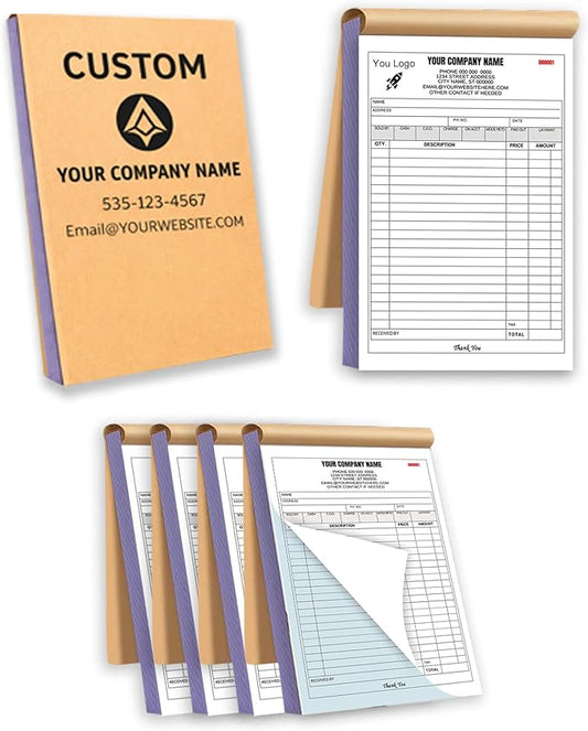 Custom Carbonless Invoice Book with Logo, Personalized Cover & Inner Pages, 2 Part NCR Receipt & Work Order Forms, Easy Tear, Writing Shield for Small Business (2-Part [White/Blue], 7.48 x 5.12INCH)